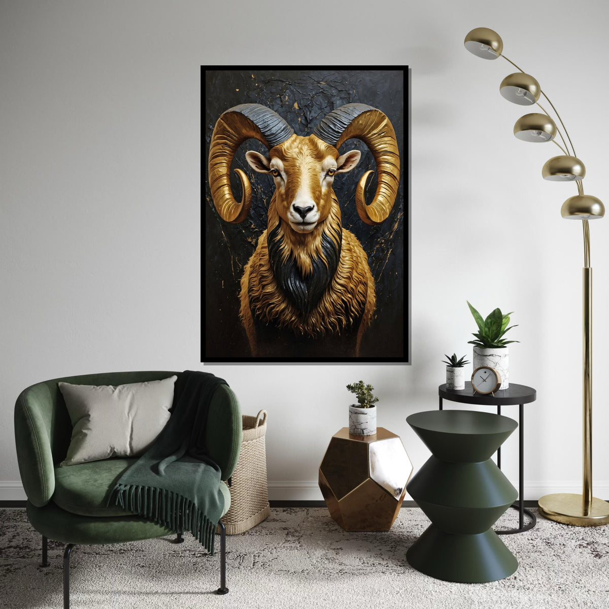 Majestic Ram Canvas, Golden Horns Wall Art, Animal Portrait Print, Wall Art Canvas Design, Ready to Hang Decoration
