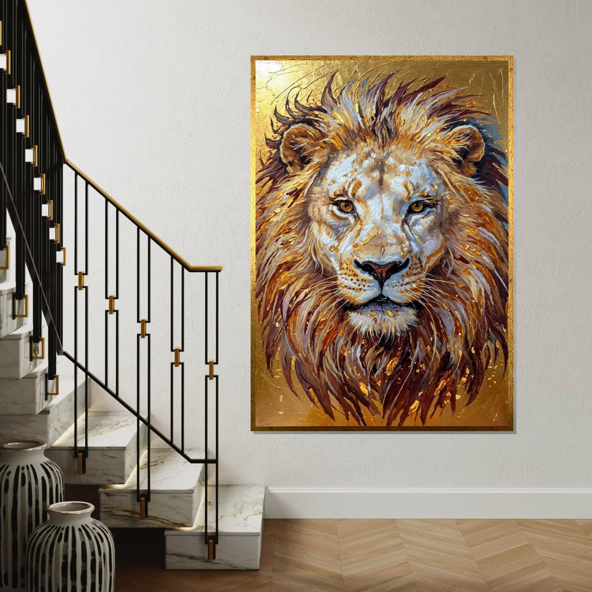 Majestic Lion Canvas, Regal Lion Art, Animal Wall Print, Gold Tones, Wall Art Canvas Design, Ready to Hang Decoration