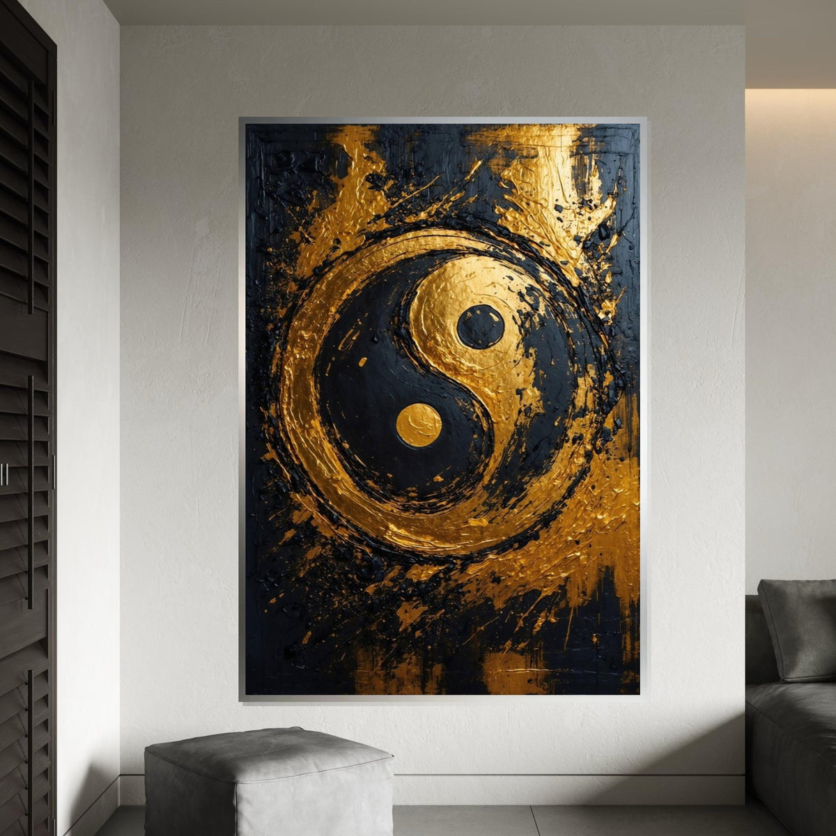Gold Yin Yang Canvas, Zen Art, Textured Yin Yang Design, Wall Art Canvas, Black Gold Decor, Modern Abstract, Ready To Hang Decoration
