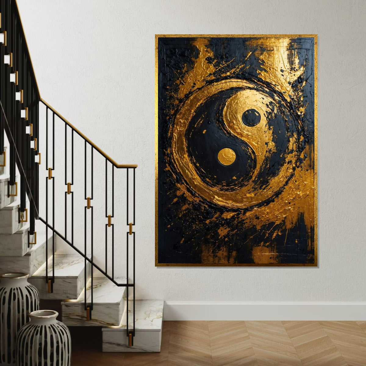 Gold Yin Yang Canvas, Zen Art, Textured Yin Yang Design, Wall Art Canvas, Black Gold Decor, Modern Abstract, Ready To Hang Decoration