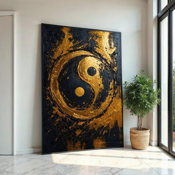 Gold Yin Yang Canvas, Zen Art, Textured Yin Yang Design, Wall Art Canvas, Black Gold Decor, Modern Abstract, Ready To Hang Decoration