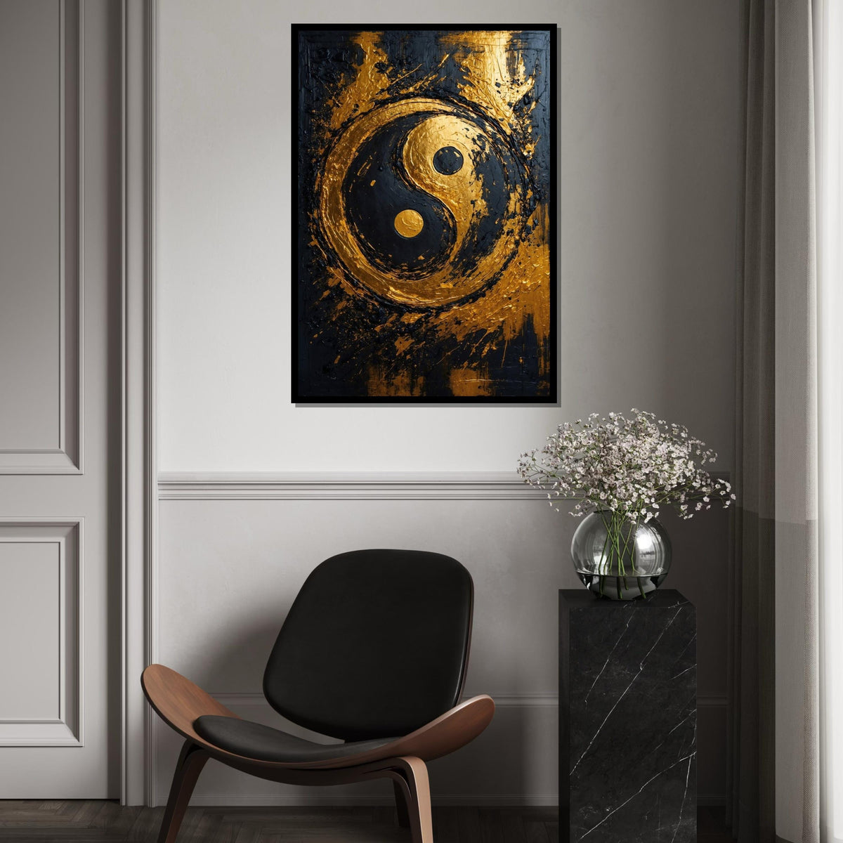Gold Yin Yang Canvas, Zen Art, Textured Yin Yang Design, Wall Art Canvas, Black Gold Decor, Modern Abstract, Ready To Hang Decoration