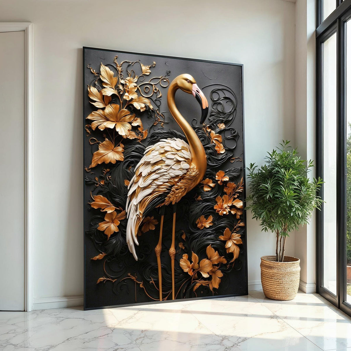 Golden Flamingo Canvas, 3D Wall Art, Floral Wildlife Print, Elegant Animal Decor, Luxury Canvas Design, Ready to Hang Decoration