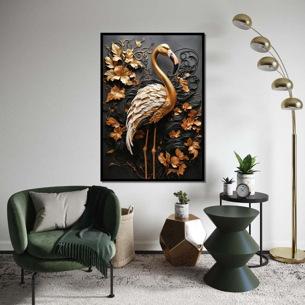 Golden Flamingo Canvas, 3D Wall Art, Floral Wildlife Print, Elegant Animal Decor, Luxury Canvas Design, Ready to Hang Decoration