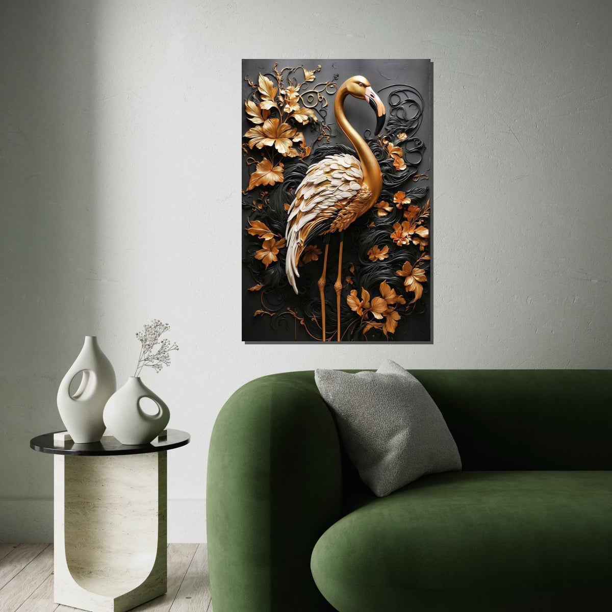 Golden Flamingo Canvas, 3D Wall Art, Floral Wildlife Print, Elegant Animal Decor, Luxury Canvas Design, Ready to Hang Decoration