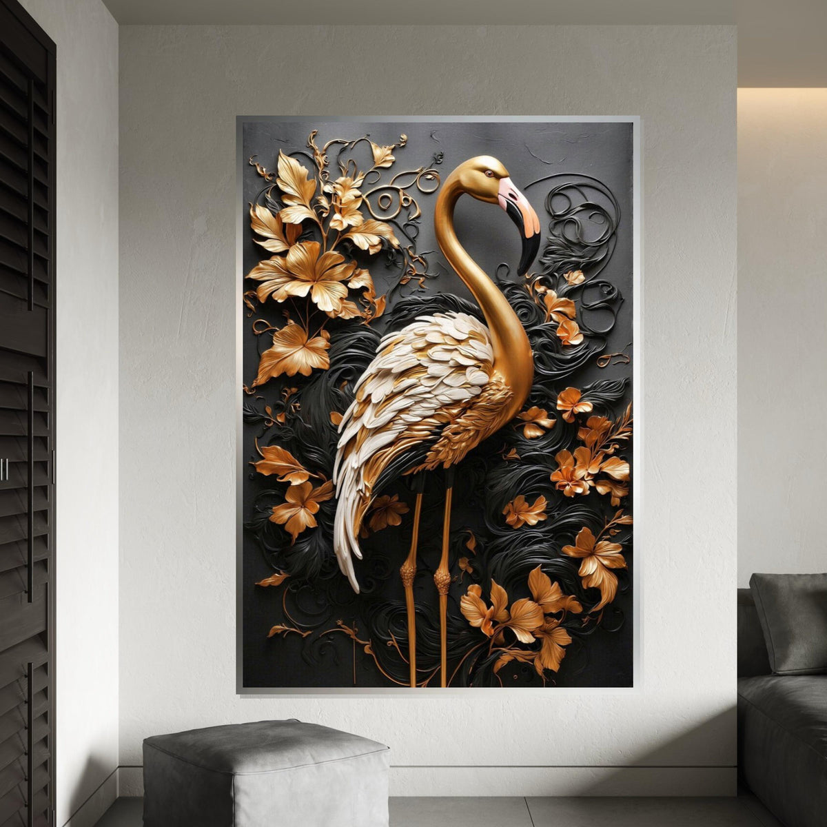 Golden Flamingo Canvas, 3D Wall Art, Floral Wildlife Print, Elegant Animal Decor, Luxury Canvas Design, Ready to Hang Decoration