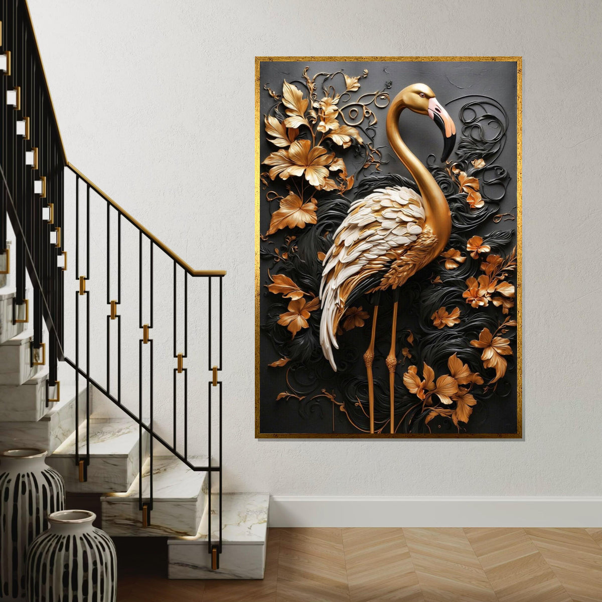 Golden Flamingo Canvas, 3D Wall Art, Floral Wildlife Print, Elegant Animal Decor, Luxury Canvas Design, Ready to Hang Decoration