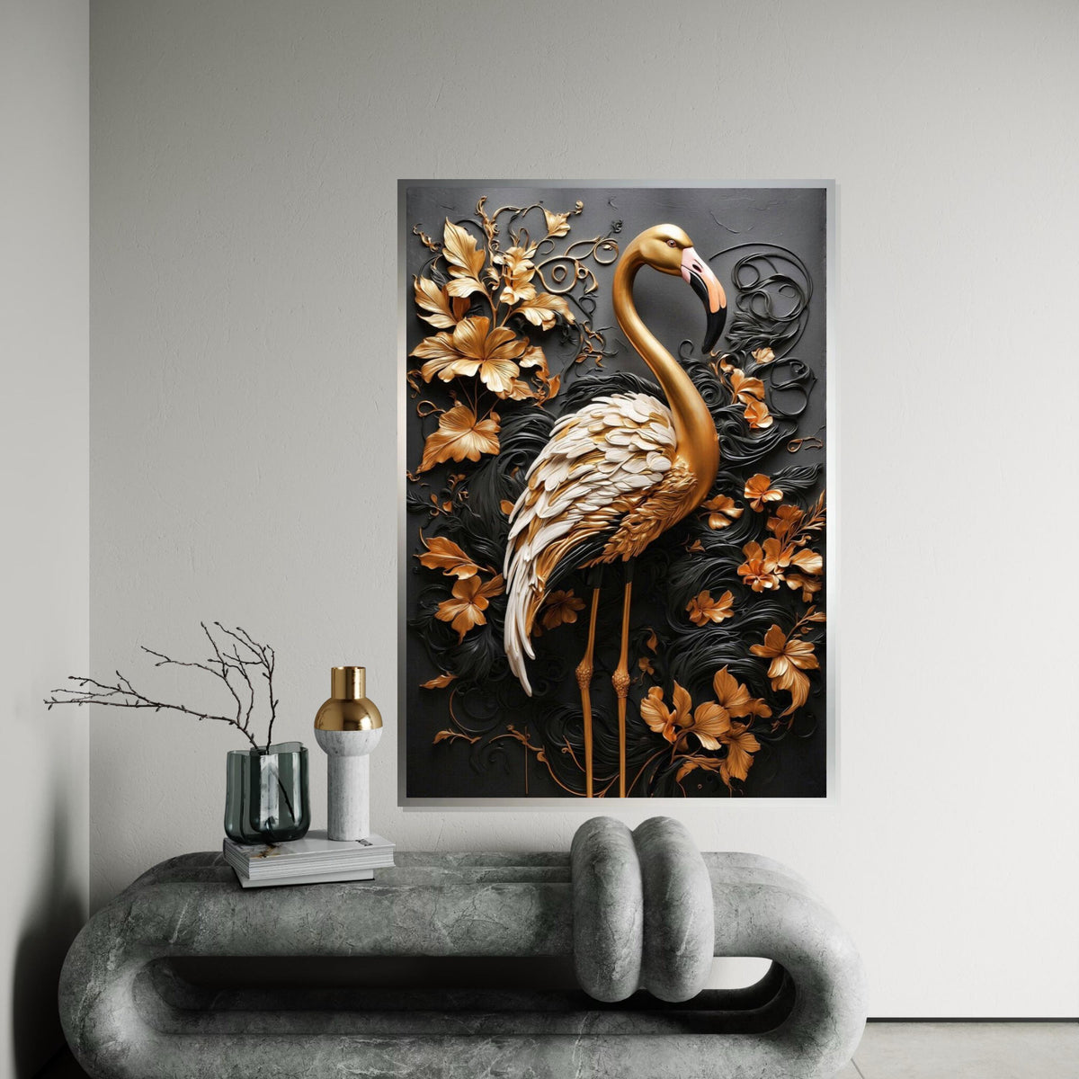 Golden Flamingo Canvas, 3D Wall Art, Floral Wildlife Print, Elegant Animal Decor, Luxury Canvas Design, Ready to Hang Decoration