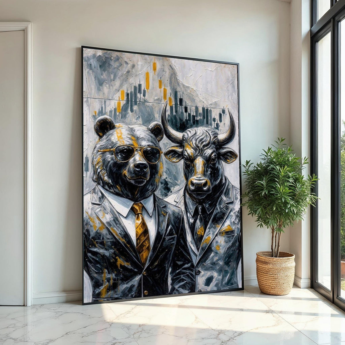 Bear Bull Finance Canvas, Stock Market Art, Wall Street Bull Bear Canvas, Wall Art Canvas Design, Ready To Hang Business Decor