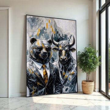 Bear Bull Finance Canvas, Stock Market Art, Wall Street Bull Bear Canvas, Wall Art Canvas Design, Ready To Hang Business Decor