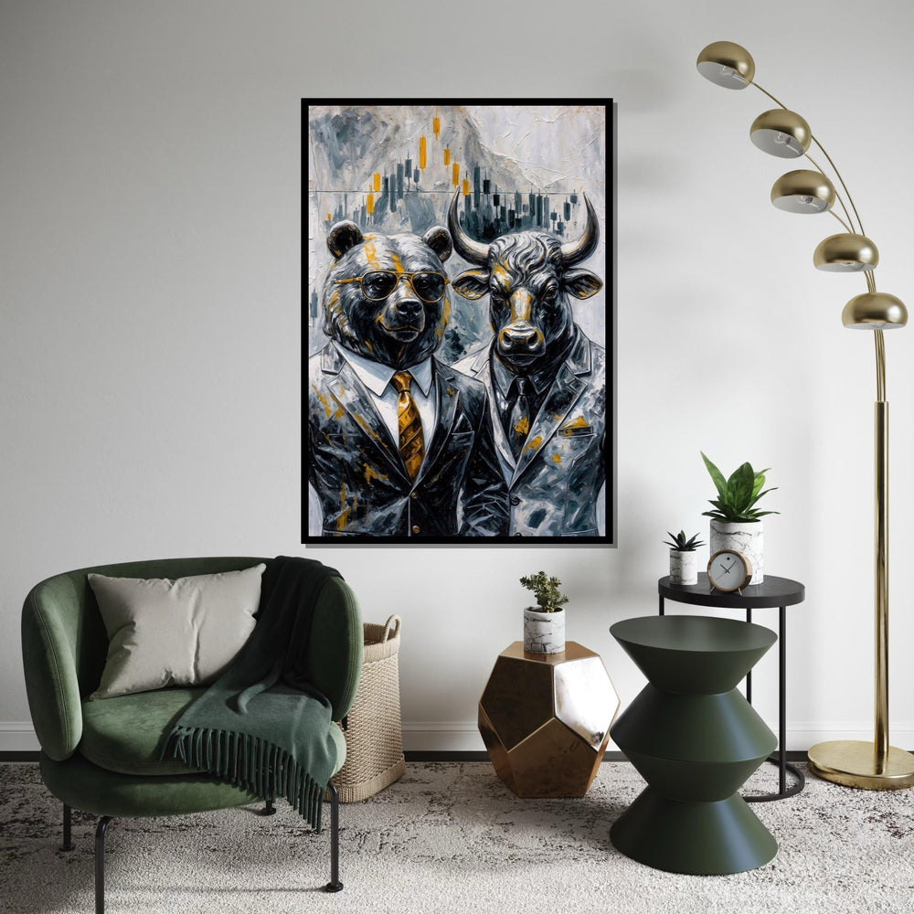 Bear Bull Finance Canvas, Stock Market Art, Wall Street Bull Bear Canvas, Wall Art Canvas Design, Ready To Hang Business Decor