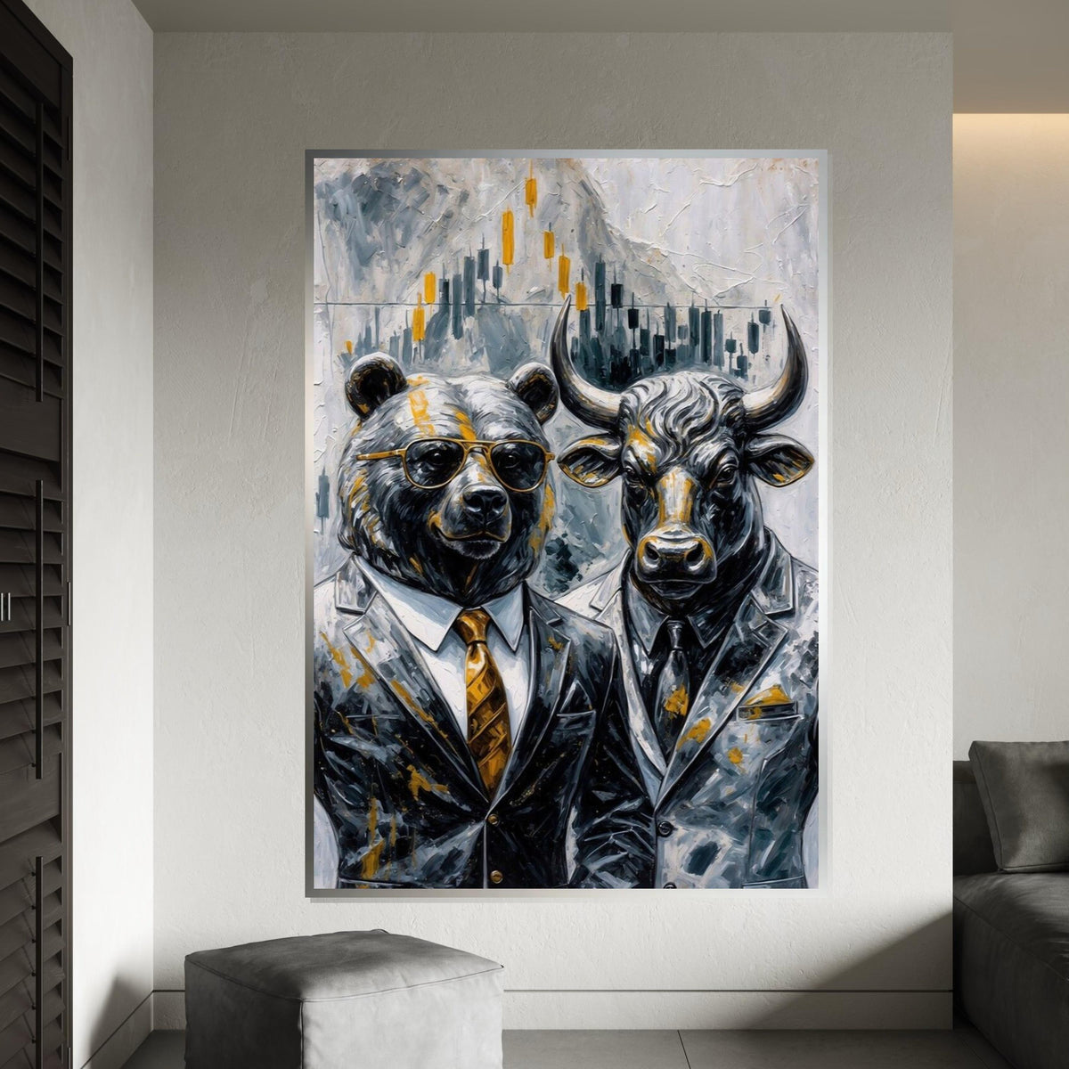 Bear Bull Finance Canvas, Stock Market Art, Wall Street Bull Bear Canvas, Wall Art Canvas Design, Ready To Hang Business Decor