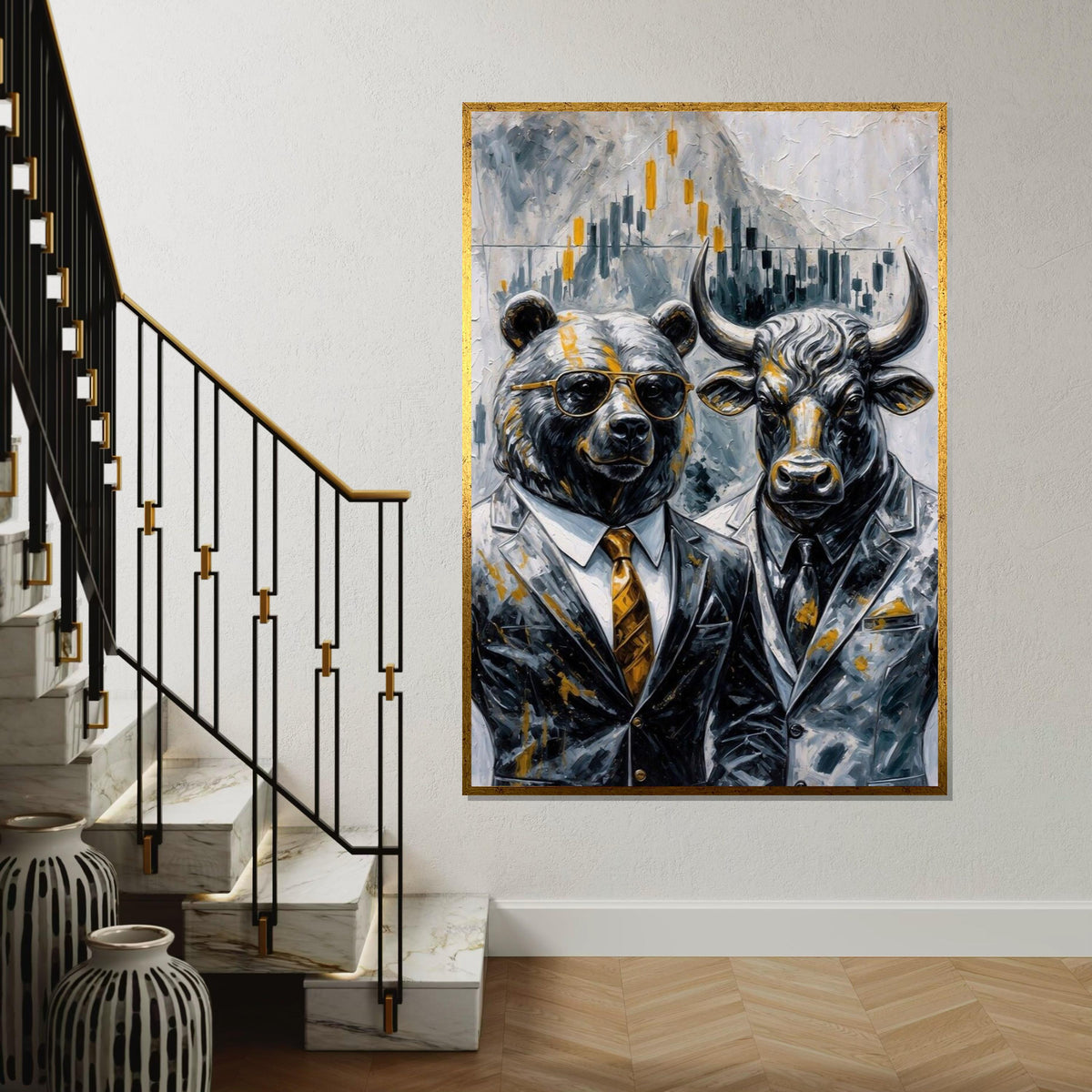 Bear Bull Finance Canvas, Stock Market Art, Wall Street Bull Bear Canvas, Wall Art Canvas Design, Ready To Hang Business Decor