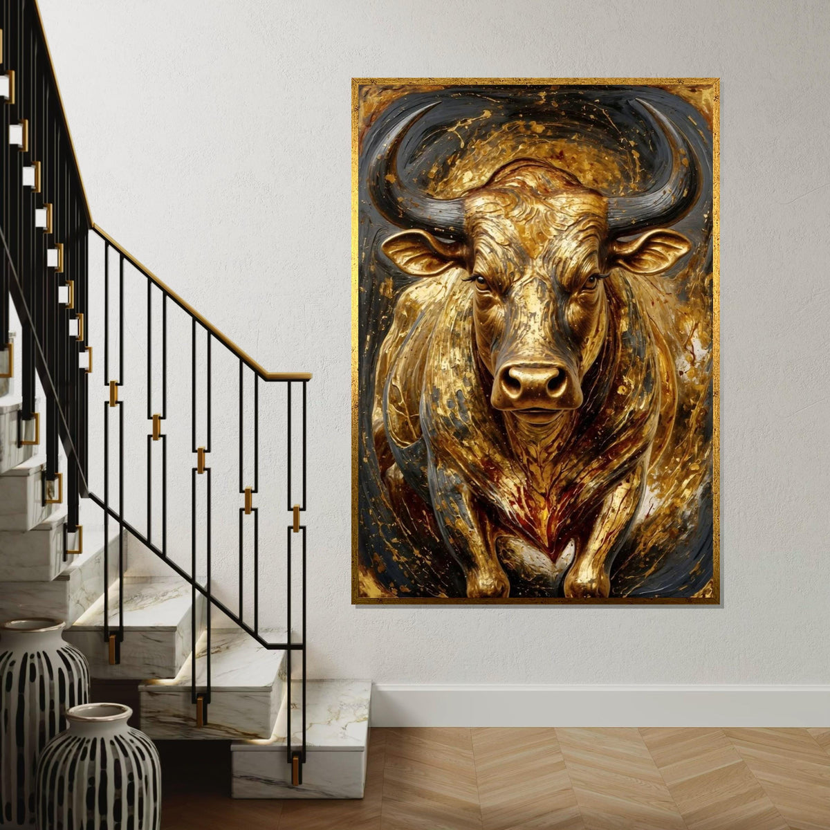Golden Bull Canvas, Majestic Bull Art, Animal Wall Art, Gold Bull Wall Print, Canvas Design, Ready To Hang Decoration