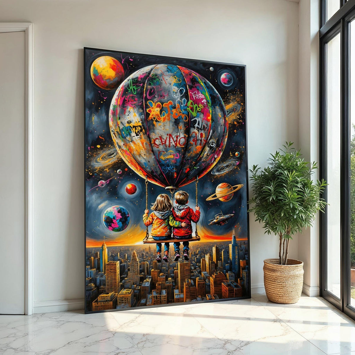 Space Adventure Kids Canvas, Graffiti Balloon Art, Urban Sky Wall Print, Wall Art Canvas Design, Ready To Hang Decoration
