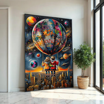 Space Adventure Kids Canvas, Graffiti Balloon Art, Urban Sky Wall Print, Wall Art Canvas Design, Ready To Hang Decoration