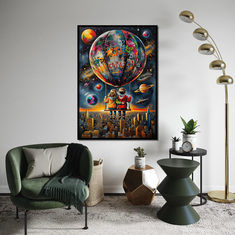 Space Adventure Kids Canvas, Graffiti Balloon Art, Urban Sky Wall Print, Wall Art Canvas Design, Ready To Hang Decoration