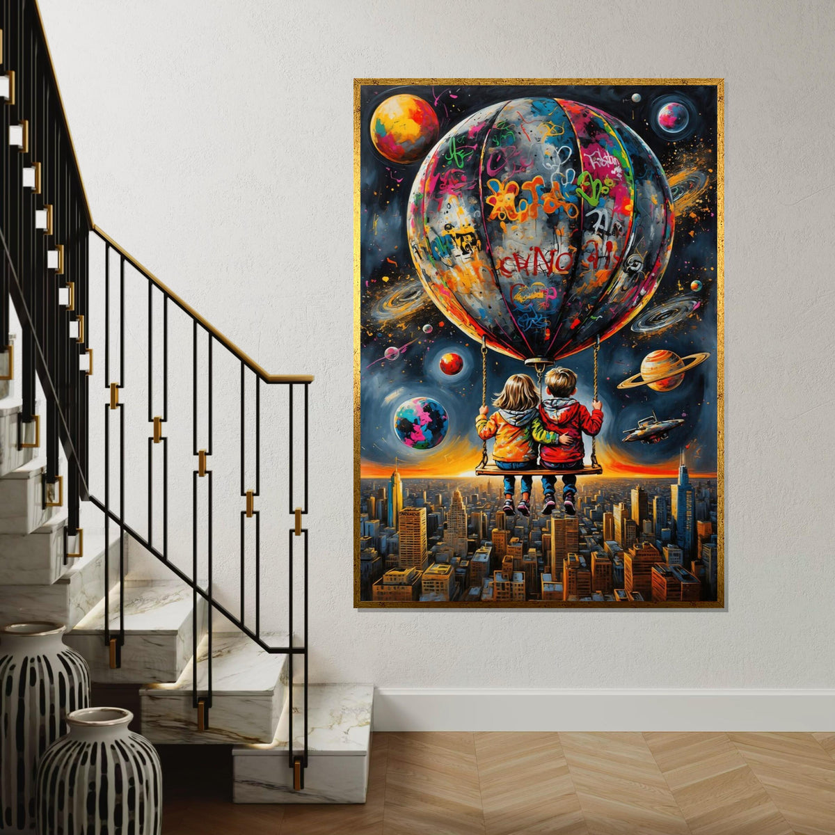 Space Adventure Kids Canvas, Graffiti Balloon Art, Urban Sky Wall Print, Wall Art Canvas Design, Ready To Hang Decoration