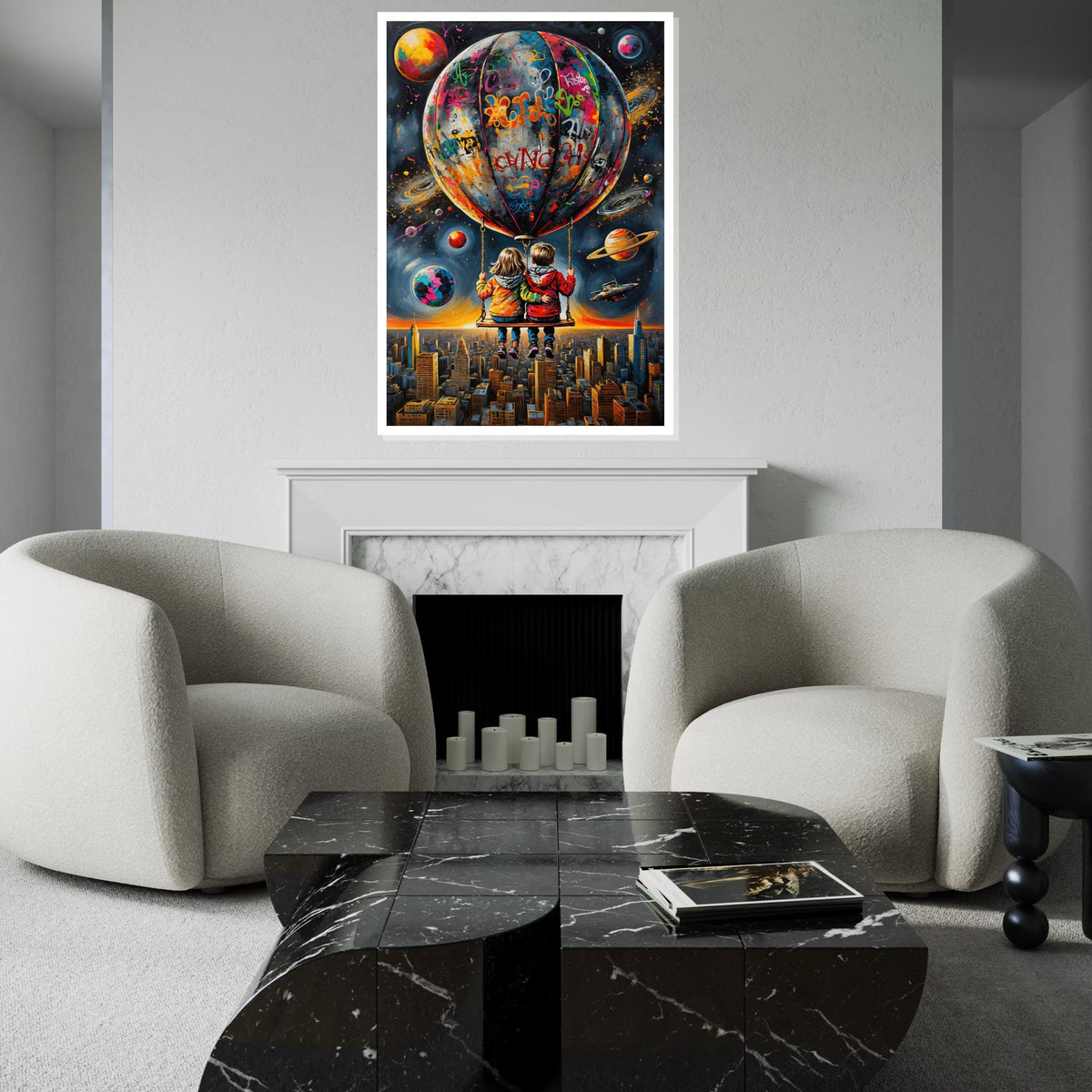 Space Adventure Kids Canvas, Graffiti Balloon Art, Urban Sky Wall Print, Wall Art Canvas Design, Ready To Hang Decoration
