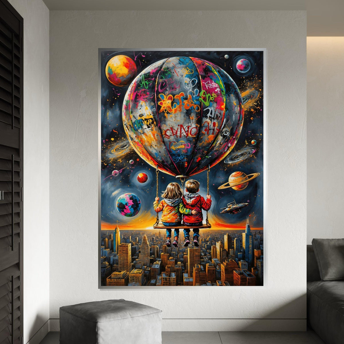 Space Adventure Kids Canvas, Graffiti Balloon Art, Urban Sky Wall Print, Wall Art Canvas Design, Ready To Hang Decoration