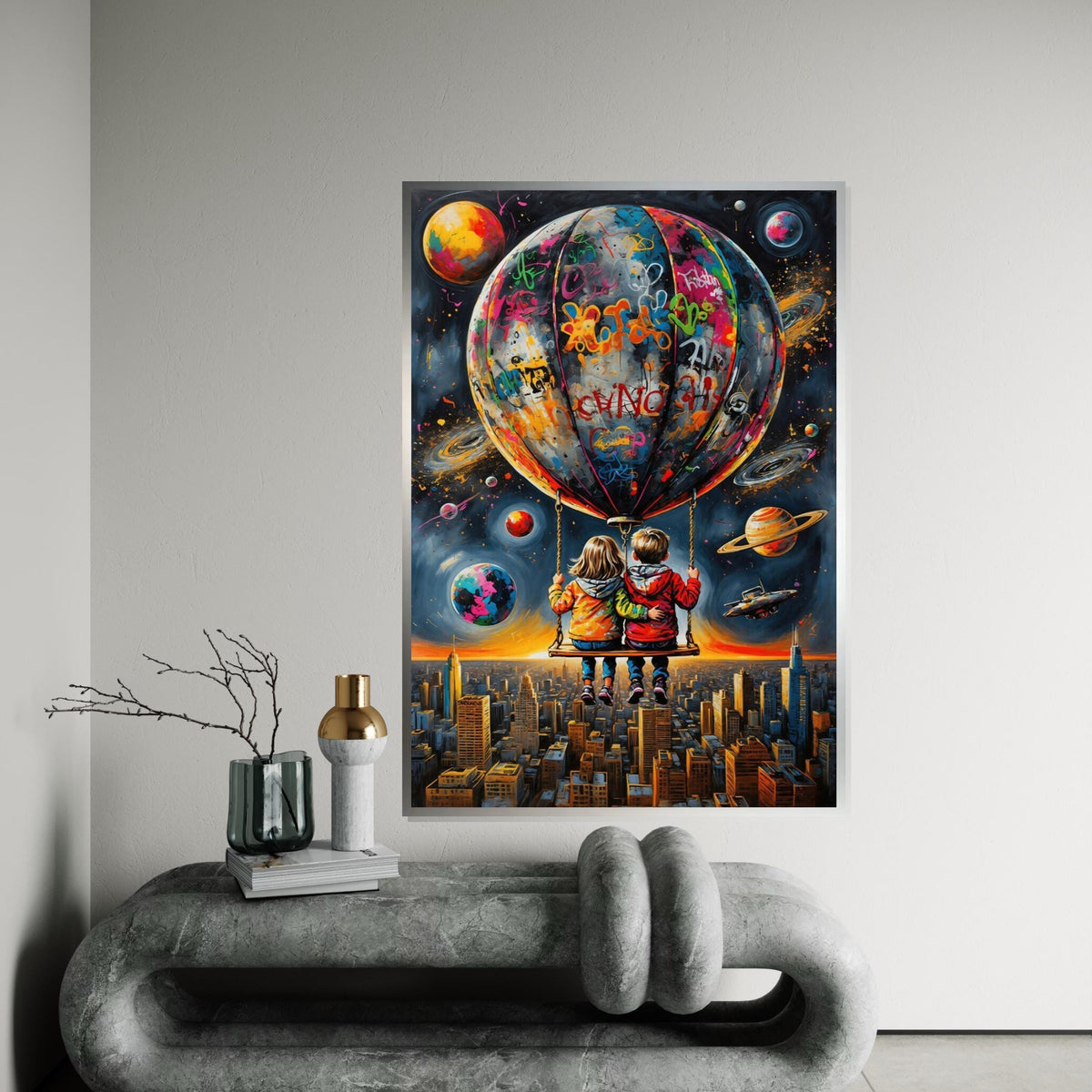 Space Adventure Kids Canvas, Graffiti Balloon Art, Urban Sky Wall Print, Wall Art Canvas Design, Ready To Hang Decoration