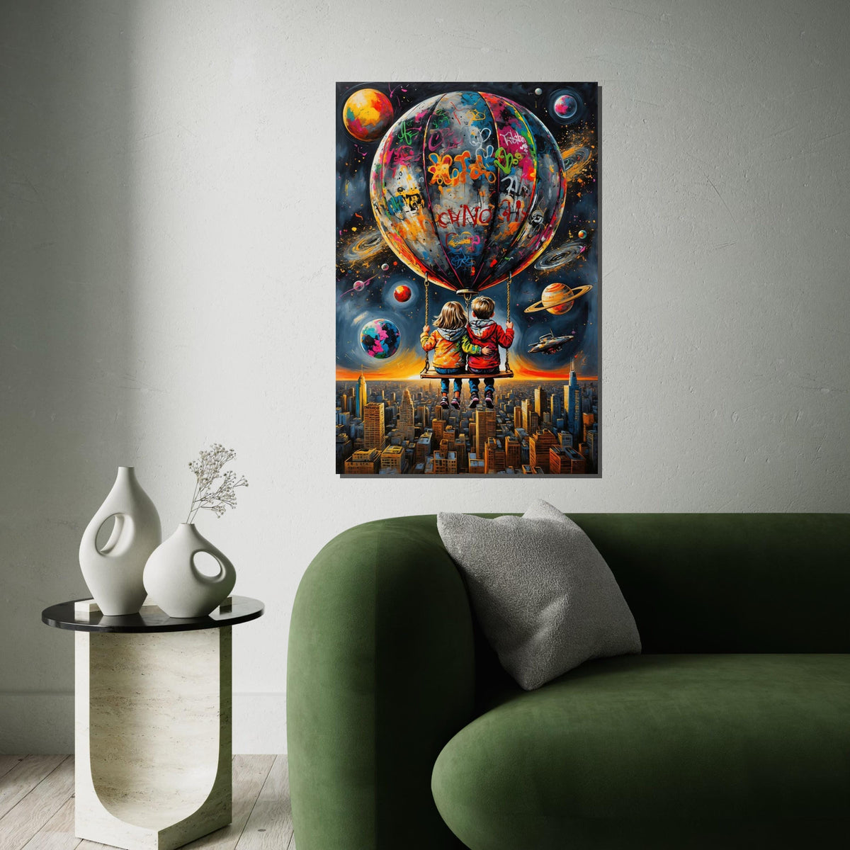 Space Adventure Kids Canvas, Graffiti Balloon Art, Urban Sky Wall Print, Wall Art Canvas Design, Ready To Hang Decoration