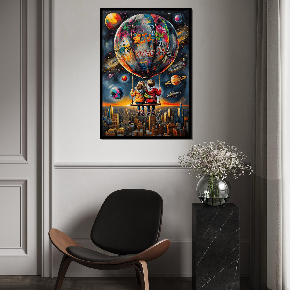 Space Adventure Kids Canvas, Graffiti Balloon Art, Urban Sky Wall Print, Wall Art Canvas Design, Ready To Hang Decoration