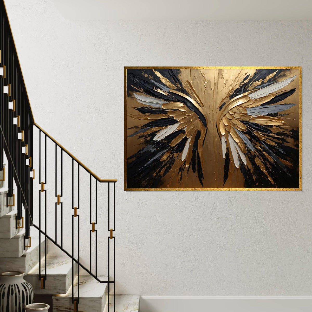 Golden Angel Wings Canvas, Abstract Angel Art, Gold  Black Wing Print, Wall Art Canvas Design, Ready To Hang Decoration