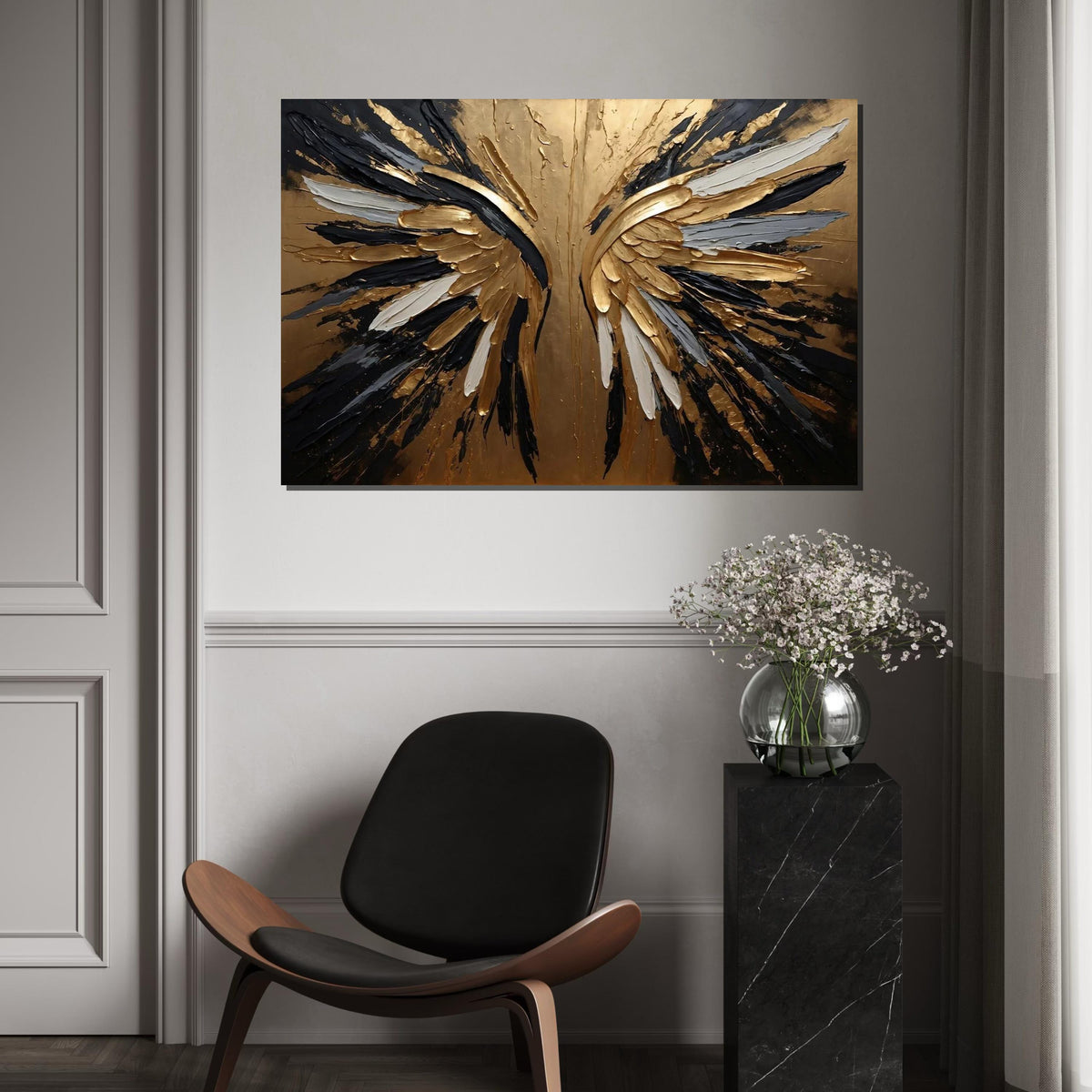 Golden Angel Wings Canvas, Abstract Angel Art, Gold  Black Wing Print, Wall Art Canvas Design, Ready To Hang Decoration