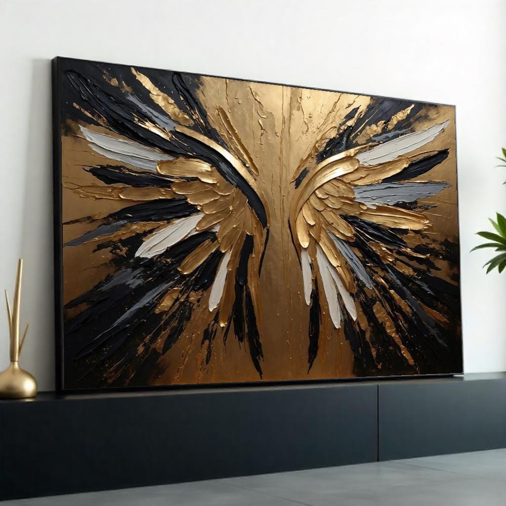 Golden Angel Wings Canvas, Abstract Angel Art, Gold  Black Wing Print, Wall Art Canvas Design, Ready To Hang Decoration