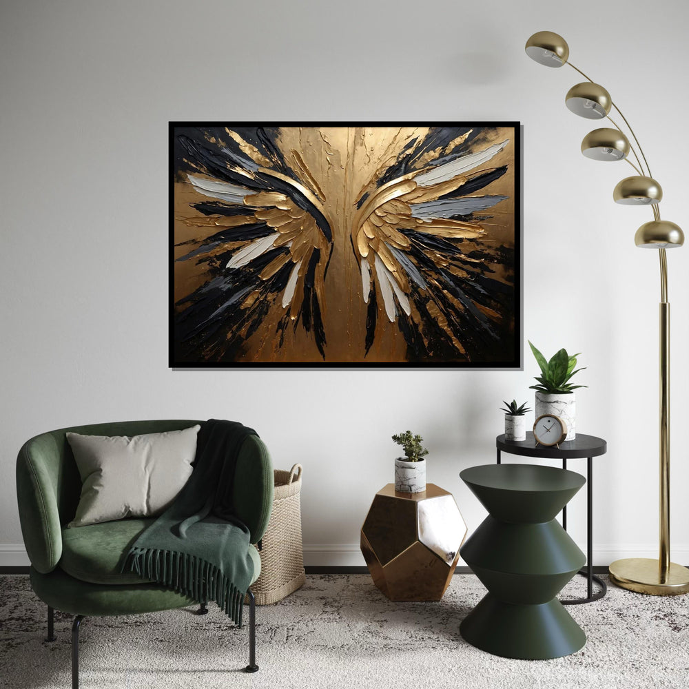 Golden Angel Wings Canvas, Abstract Angel Art, Gold  Black Wing Print, Wall Art Canvas Design, Ready To Hang Decoration