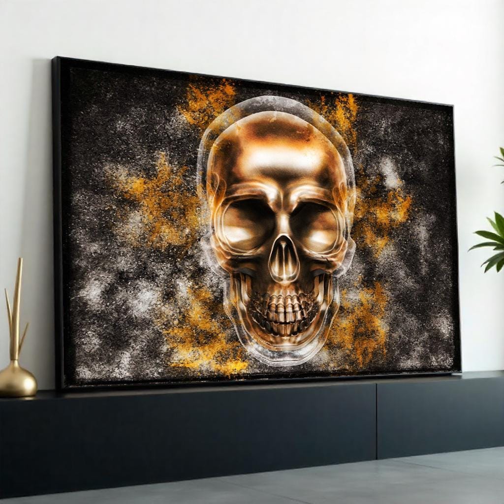 Golden Skull Canvas, Metallic Skull Art, Skull Poster, Wall Art Canvas Design, Abstract Skull Print, Ready To Hang Decoration