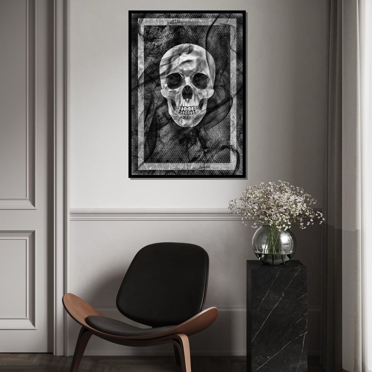 Monochrome Skull Canvas, Gothic Skull Wall Art, Dark Poster, Wall Art Canvas Design, Framed Canvas Ready to Hang Decoration