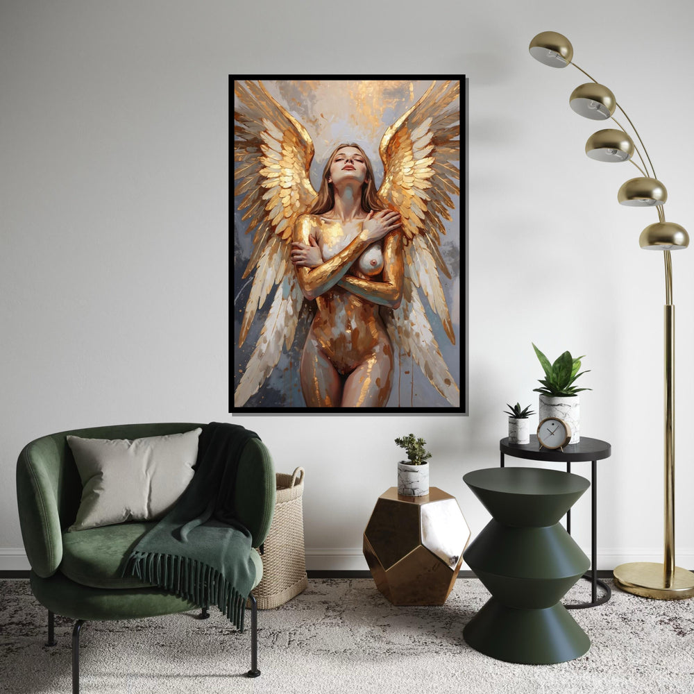 Golden Angel Canvas, Winged Woman Art, Abstract Portrait, Wall Art Canvas Design, Ready to Hang Angelic Decor