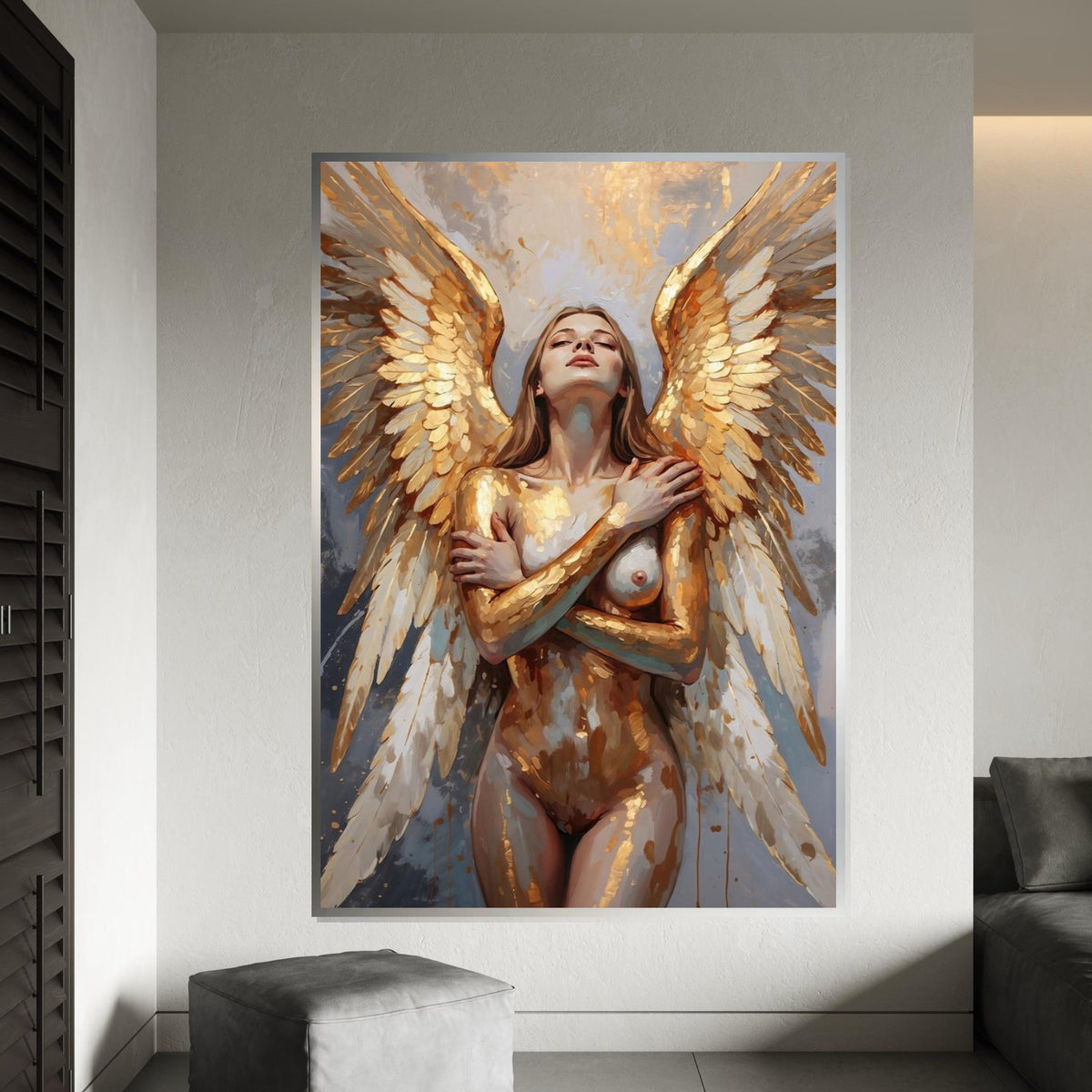 Golden Angel Canvas, Winged Woman Art, Abstract Portrait, Wall Art Canvas Design, Ready to Hang Angelic Decor