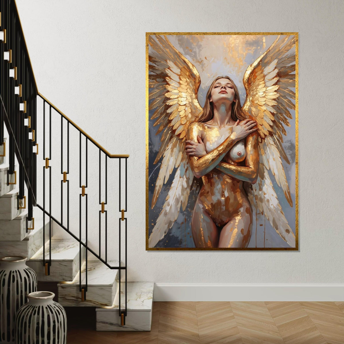 Golden Angel Canvas, Winged Woman Art, Abstract Portrait, Wall Art Canvas Design, Ready to Hang Angelic Decor