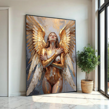 Golden Angel Canvas, Winged Woman Art, Abstract Portrait, Wall Art Canvas Design, Ready to Hang Angelic Decor