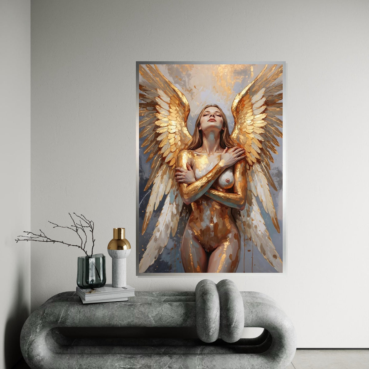 Golden Angel Canvas, Winged Woman Art, Abstract Portrait, Wall Art Canvas Design, Ready to Hang Angelic Decor