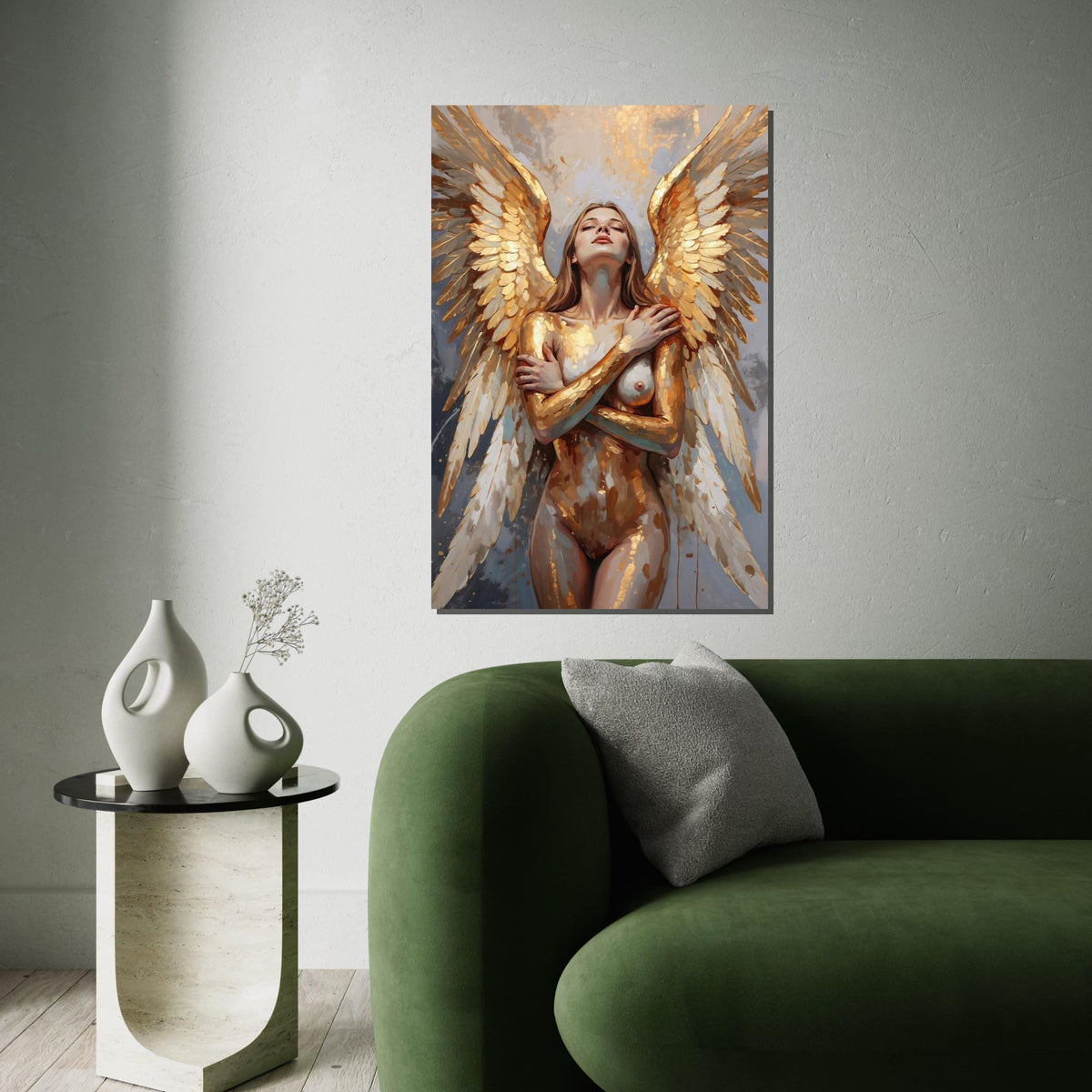 Golden Angel Canvas, Winged Woman Art, Abstract Portrait, Wall Art Canvas Design, Ready to Hang Angelic Decor