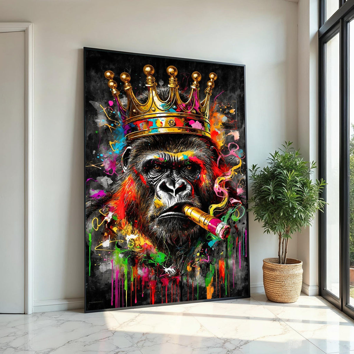 Majestic King Gorilla Canvas, Colorful Gorilla with Crown and Cigar, Animal Wall Art, Wall Art Canvas Design, Ready to Hang Decoration
