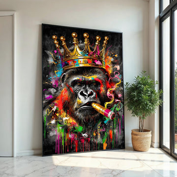 Majestic King Gorilla Canvas, Colorful Gorilla with Crown and Cigar, Animal Wall Art, Wall Art Canvas Design, Ready to Hang Decoration