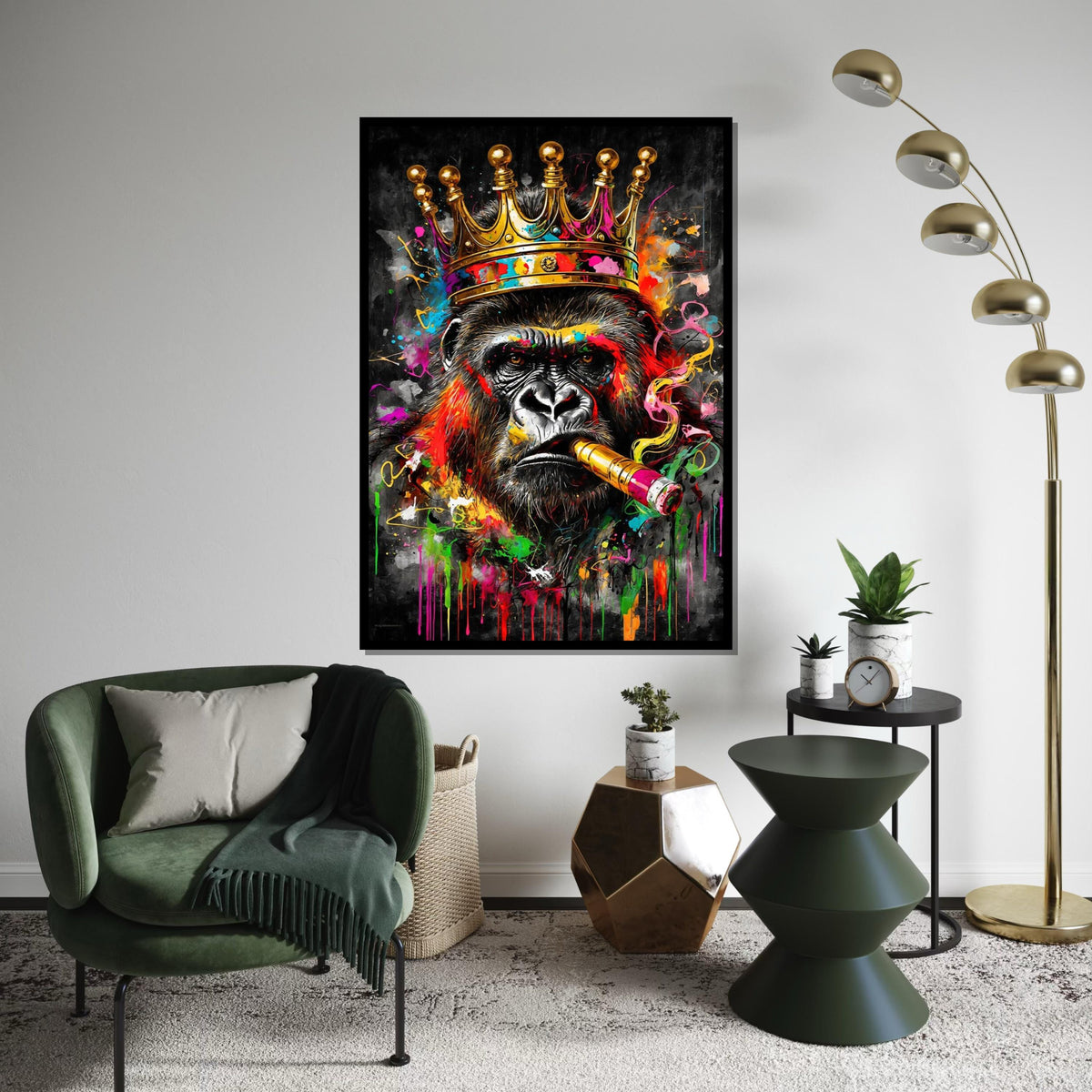 Majestic King Gorilla Canvas, Colorful Gorilla with Crown and Cigar, Animal Wall Art, Wall Art Canvas Design, Ready to Hang Decoration