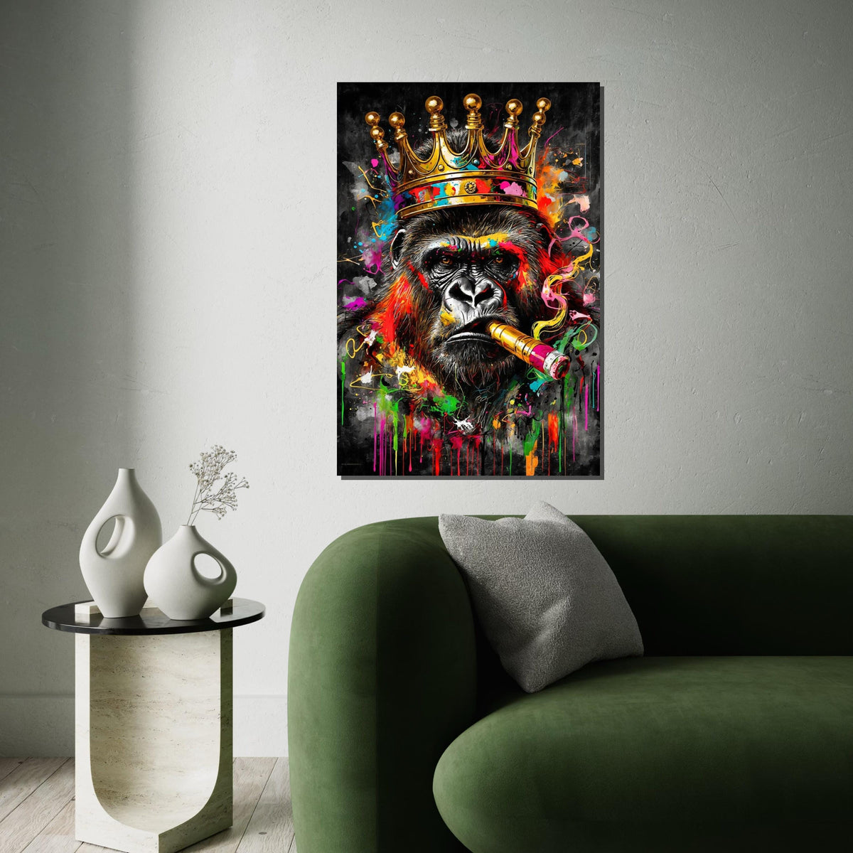 Majestic King Gorilla Canvas, Colorful Gorilla with Crown and Cigar, Animal Wall Art, Wall Art Canvas Design, Ready to Hang Decoration