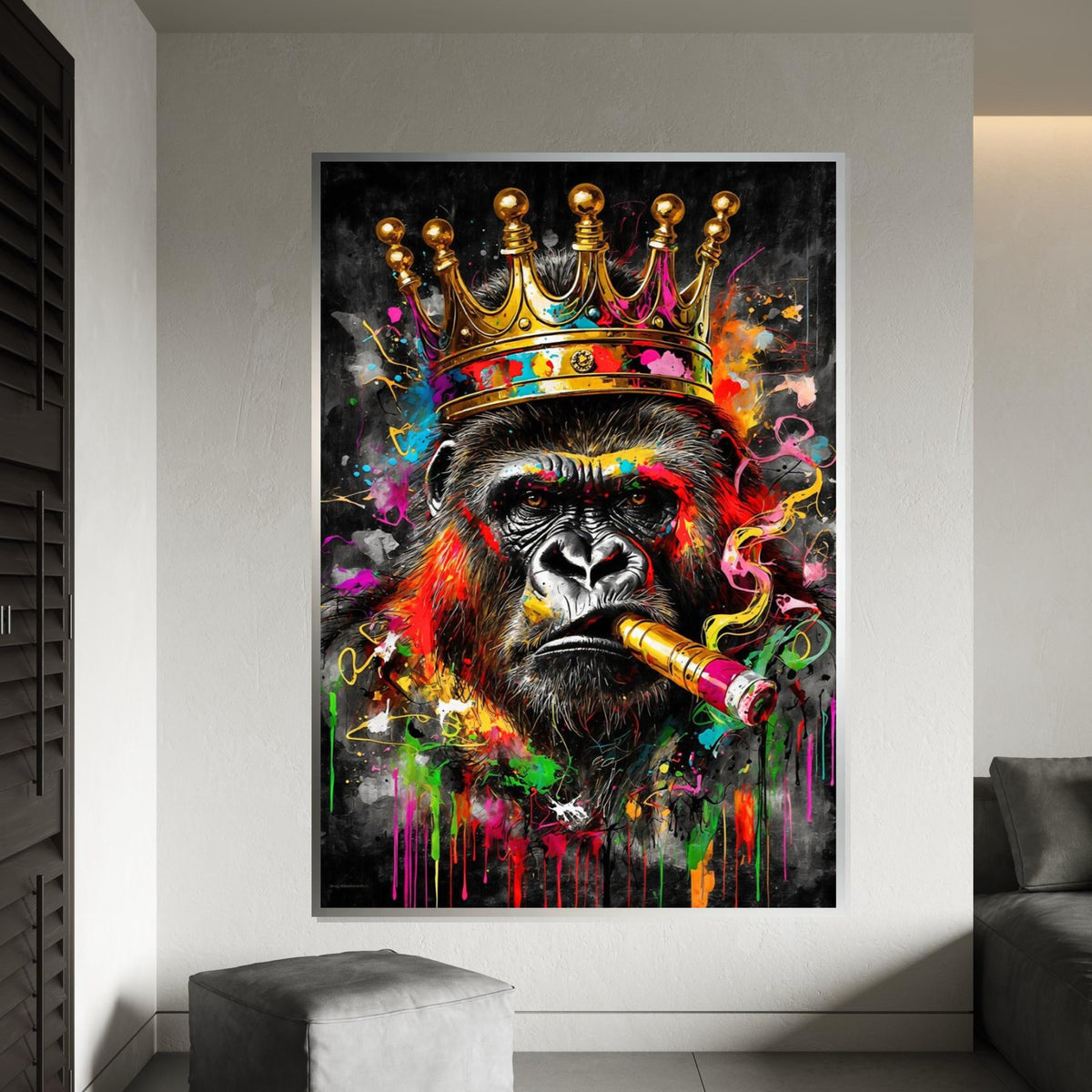 Majestic King Gorilla Canvas, Colorful Gorilla with Crown and Cigar, Animal Wall Art, Wall Art Canvas Design, Ready to Hang Decoration