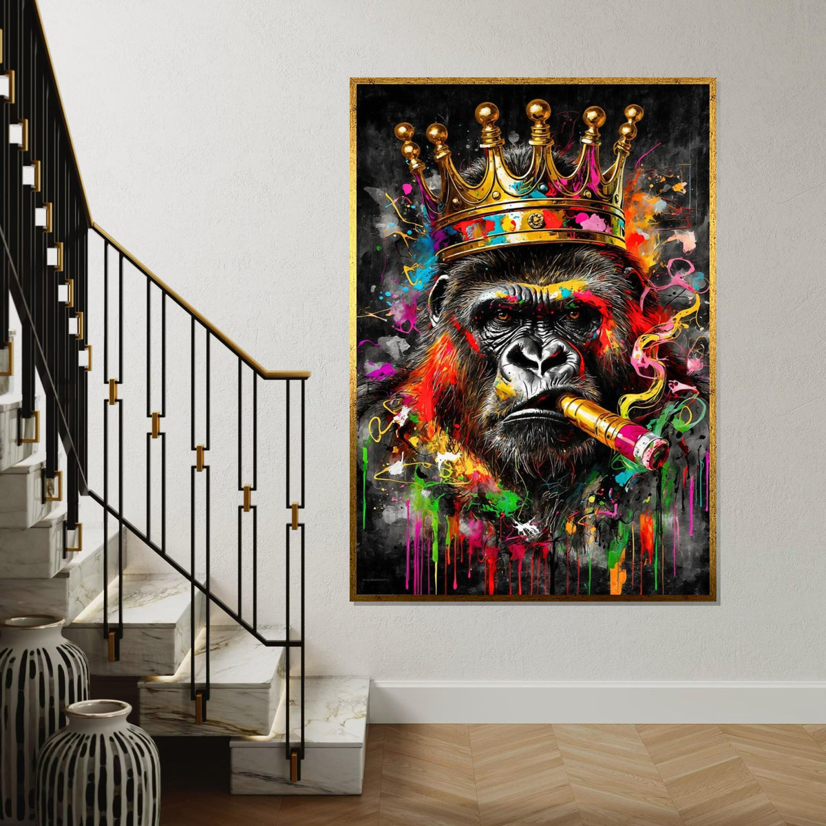 Majestic King Gorilla Canvas, Colorful Gorilla with Crown and Cigar, Animal Wall Art, Wall Art Canvas Design, Ready to Hang Decoration