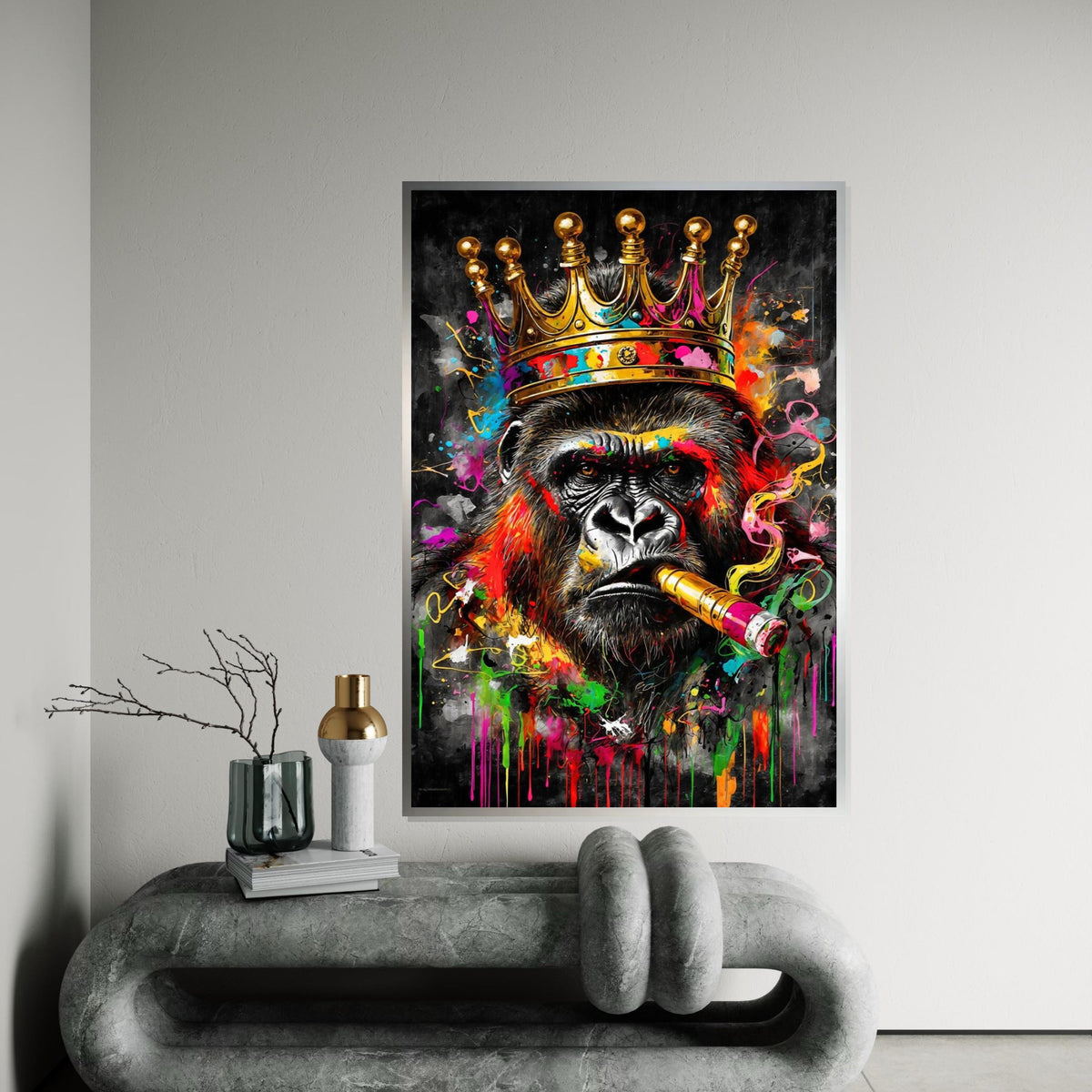 Majestic King Gorilla Canvas, Colorful Gorilla with Crown and Cigar, Animal Wall Art, Wall Art Canvas Design, Ready to Hang Decoration