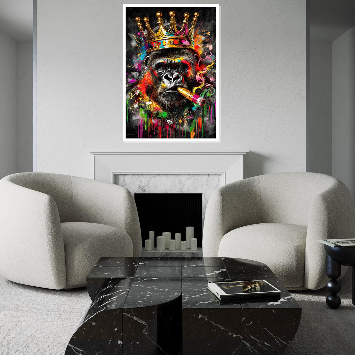 Majestic King Gorilla Canvas, Colorful Gorilla with Crown and Cigar, Animal Wall Art, Wall Art Canvas Design, Ready to Hang Decoration