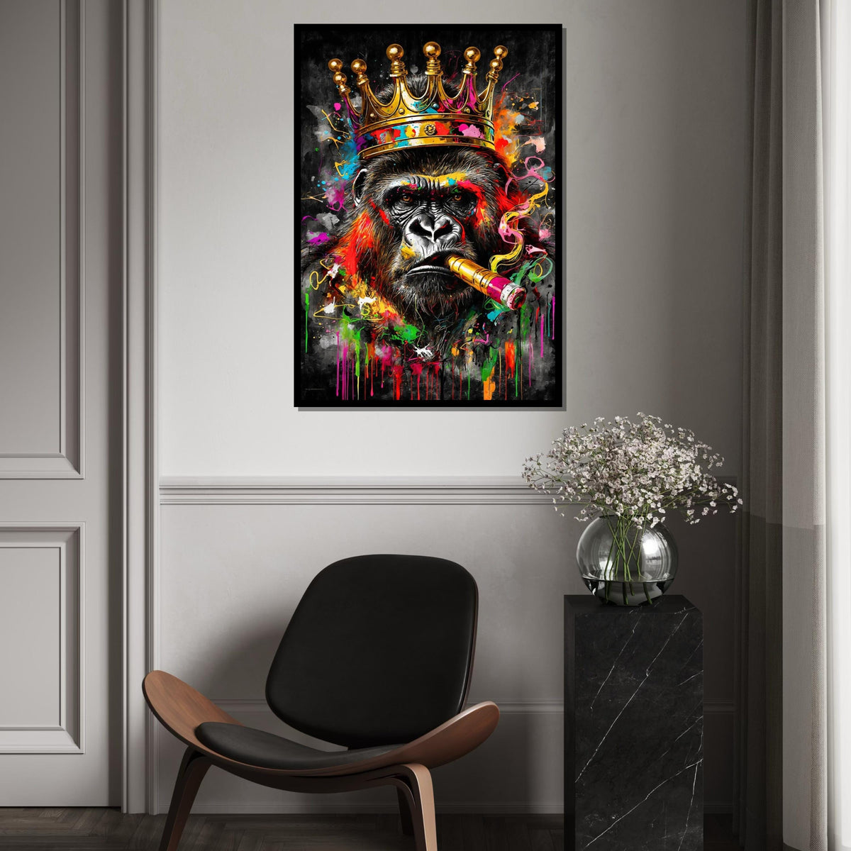 Majestic King Gorilla Canvas, Colorful Gorilla with Crown and Cigar, Animal Wall Art, Wall Art Canvas Design, Ready to Hang Decoration