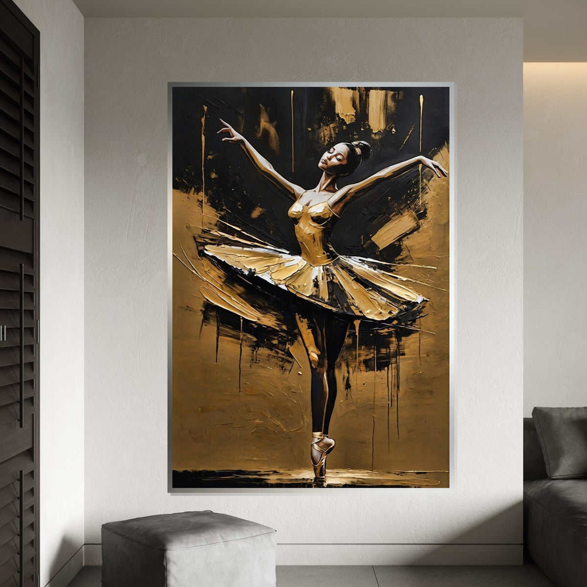 Elegant Ballerina Canvas Art, Gold Dance Wall Art, Ballet Decor, Ready To Hang Art, Graceful Dancer Canvas, Wall Art Design