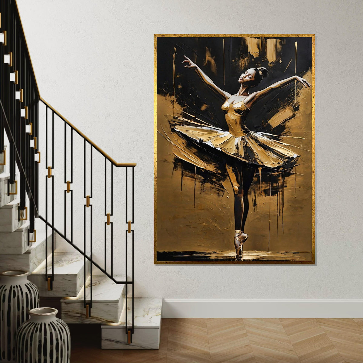 Elegant Ballerina Canvas Art, Gold Dance Wall Art, Ballet Decor, Ready To Hang Art, Graceful Dancer Canvas, Wall Art Design